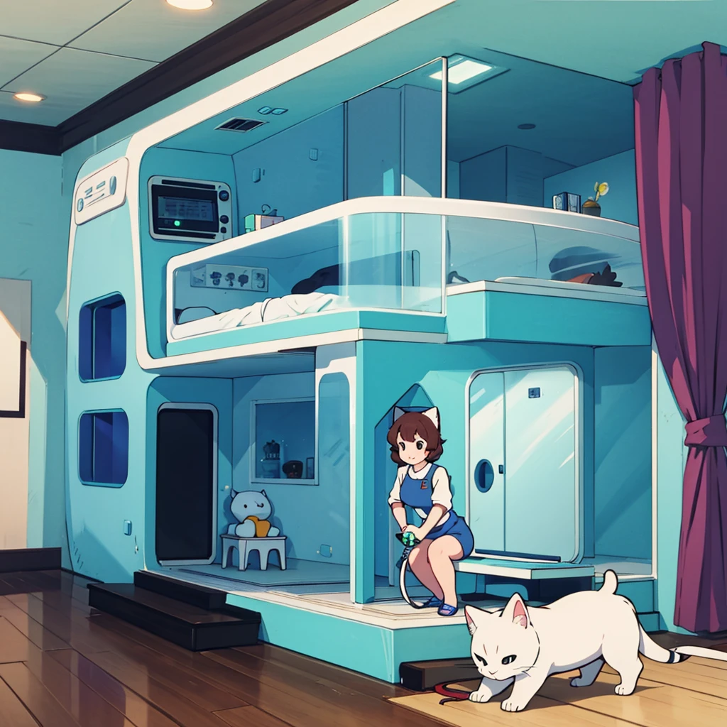 Gentle and loving space age house wife and her friendly pet house cat in Futuristic house