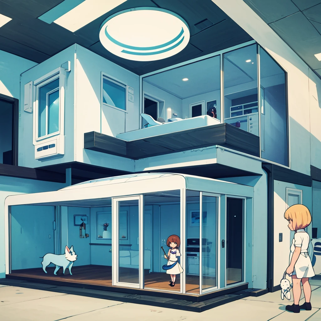 Gentle and loving space age house wife and her friendly pet house cat in Futuristic house