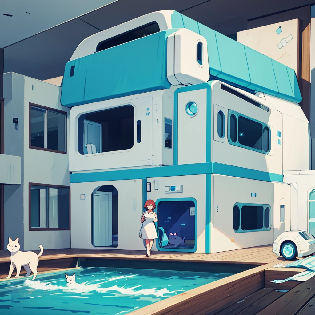 Gentle and loving space age house wife and her friendly pet house cat in Futuristic house