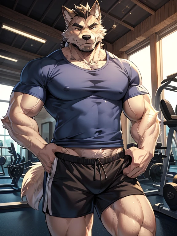 Muscular anthropomorphic wolf, in his 30s, wering tshirt and shorts, in gym, Perfect detailed features, comic realism, 2D, Hand drawn, manga style, comic style, drawing, big wolf, handsome, sparkling light, rugged, looking at camera, comic style