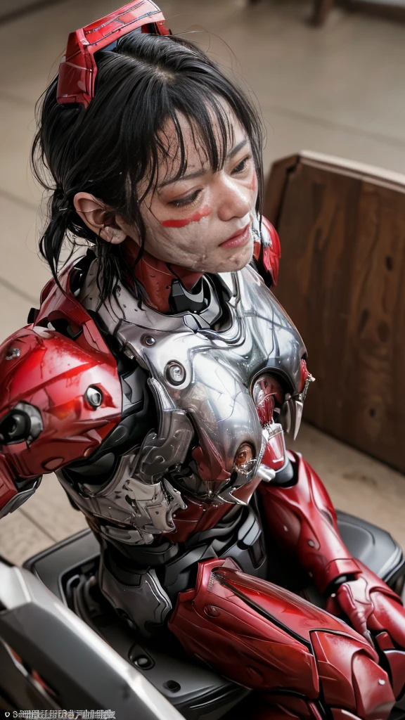 Rough skin, Very detailed, Advanced Details, high quality, 最high quality, High resolution, 1080P 、、Red Armor、Wearing red and black、cute((During a break))(Wearing a damaged female robot suit...)(Red Armor)(Broken Armor)Black Hair、、Soaking wet、Soaked Face　Place the headgear aside　Beautiful Face、Hot look　knock down、よだれing from the mouth、Middle-aged women　(Steam coming out of the face) ((Steam from the body)) Sit on a chair　Filming locations　I can see the vagina　Open the crotch to the front　look up