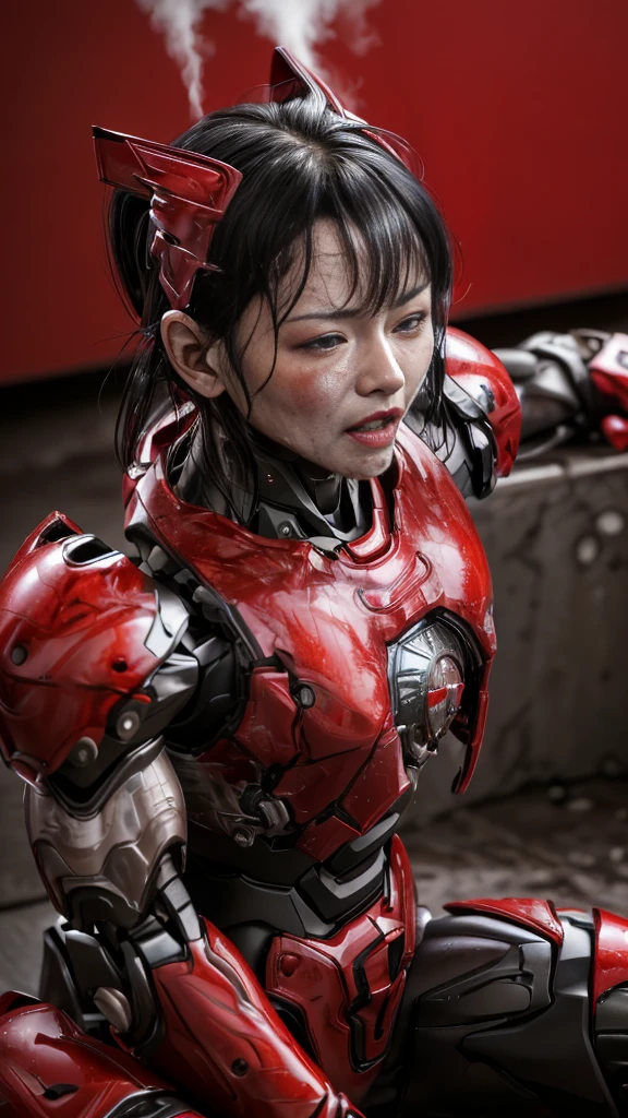 Rough skin, Very detailed, Advanced Details, high quality, 最high quality, High resolution, 1080P 、、Red Armor、Wearing red and black、cute((During a break))(Wearing a damaged female robot suit...)(Red Armor)(Broken Armor)Black Hair、、Soaking wet、Soaked Face Place the headgear aside Beautiful Face、Hot look knock down、よだれing from the mouth、Middle-aged women (Steam coming out of the face) ((Steam from the body)) Sit on a chair Filming locations I can see the vagina Open the crotch to the front look up