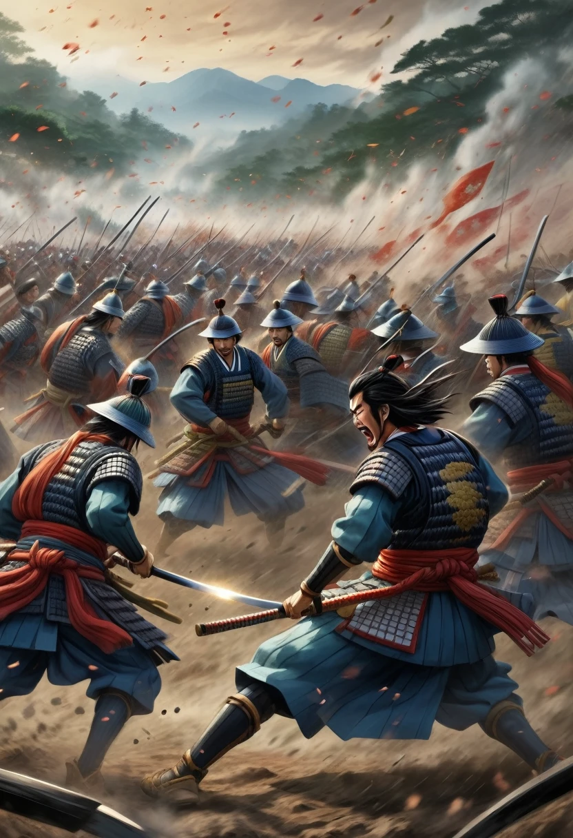 A battlefield scene during the Sengoku period, with valiant samurai warriors fighting fiercely. Focus on a renowned warlord at the front line, captured in the moment of mysteriously vanishing into thin air.