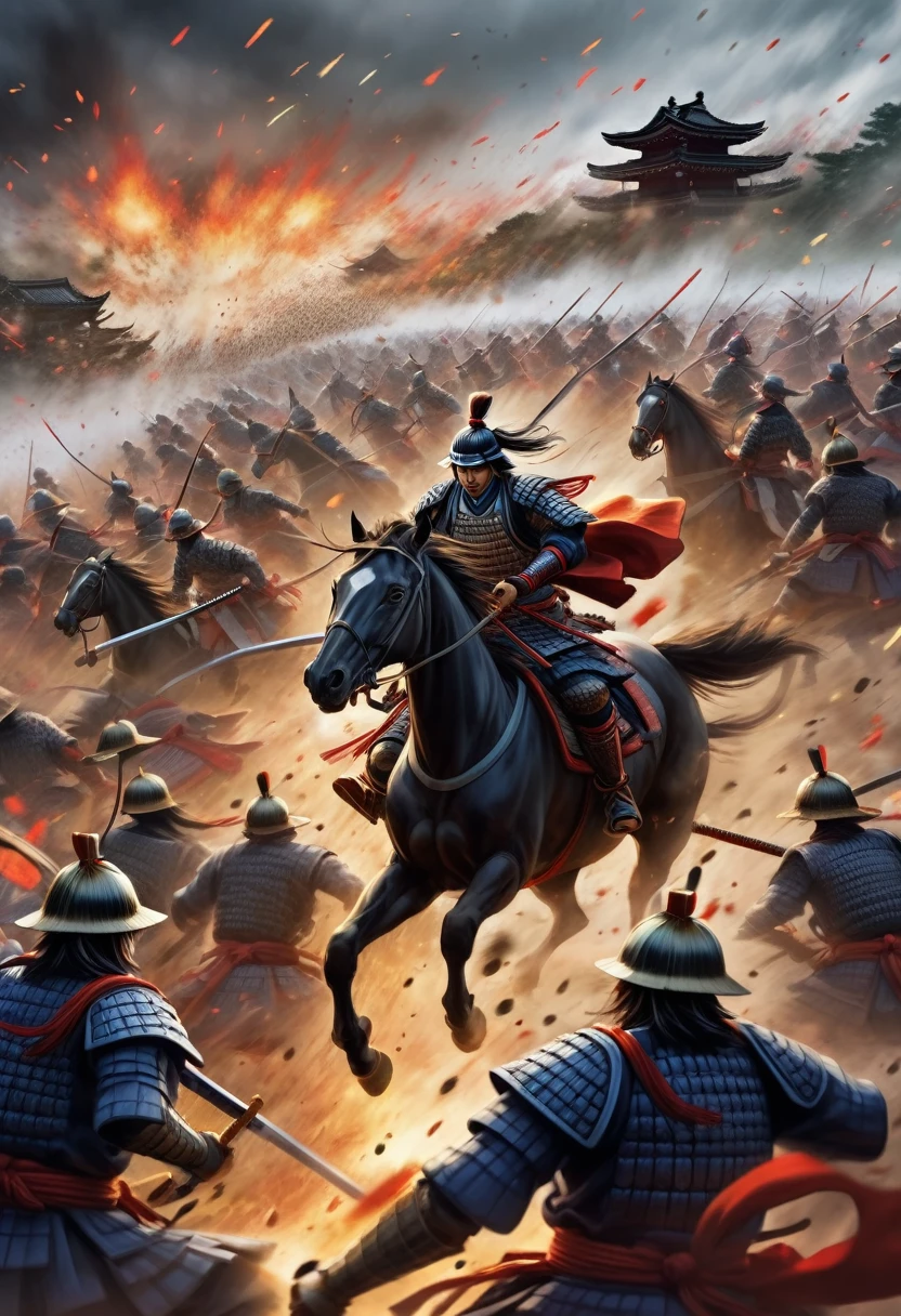 A battlefield scene during the Sengoku period, with valiant samurai warriors fighting fiercely. Focus on a renowned warlord at the front line, captured in the moment of mysteriously vanishing into thin air.