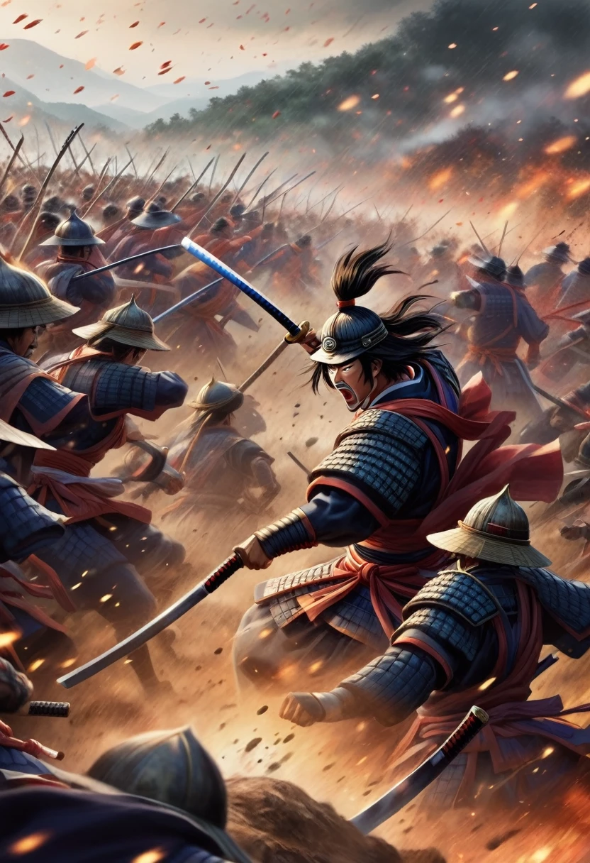 A battlefield scene during the Sengoku period, with valiant samurai warriors fighting fiercely. Focus on a renowned warlord at the front line, captured in the moment of mysteriously vanishing into thin air.