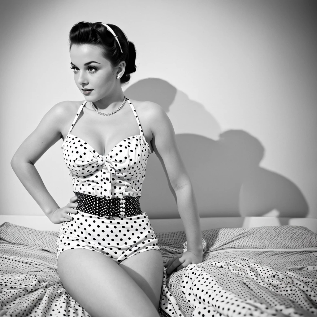 35mm photography sexy pin up girl dressed in polka dots in pinup style white background