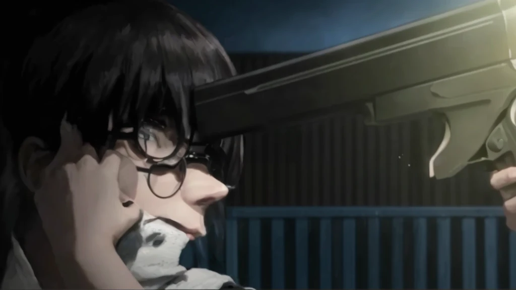 The character has black hair, which is styled in a way that it covers part of their face, particularly their right eye, They are wearing glasses with round frames, which are slightly askew due to the intensity of the scene, The character's expression is one of extreme distress or anger, Their eyes are wide open, showcasing visible pupils, and their eyebrows are furrowed, indicating strong emotions, The mouth is open in a grimace, displaying clenched teeth, which adds to the depiction of intense emotion, The character is holding a handgun to their head. The barrel of the gun is pressed against their temple, and the character’s hand is gripping the gun tightly, The angle of the gun suggests a sense of urgency or desperation, The background appears to be a dimly lit, industrial setting. This can be inferred from the metallic or steel structures visible behind the character, which could be part of a warehouse or factory, The scene is dark, with the primary source of light coming from the right side of the image, This light illuminates the gun and parts of the character's face, creating shadows that enhance the dramatic effect, The use of close-up framing focuses attention on the character's face and the gun, making the viewer feel the intensity of the moment, The image conveys a strong sense of tension, fear, or despair. The combination of the character's facial expression, the positioning of the gun, and the dark, foreboding background all contribute to a highly charged emotional atmosphere