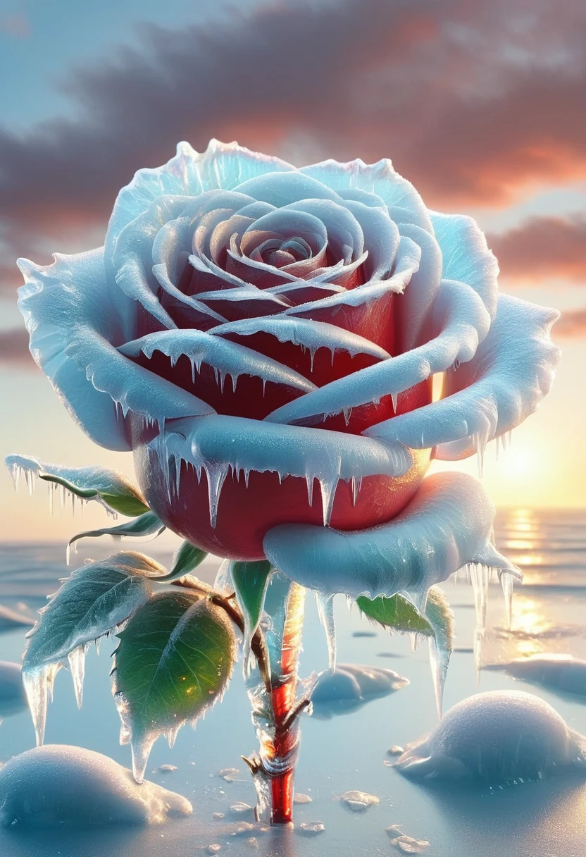 An oil painting,sunrise,Ocean,horizon,peaceful,Red rose in ice,Frozen Rose,Refracted Light
