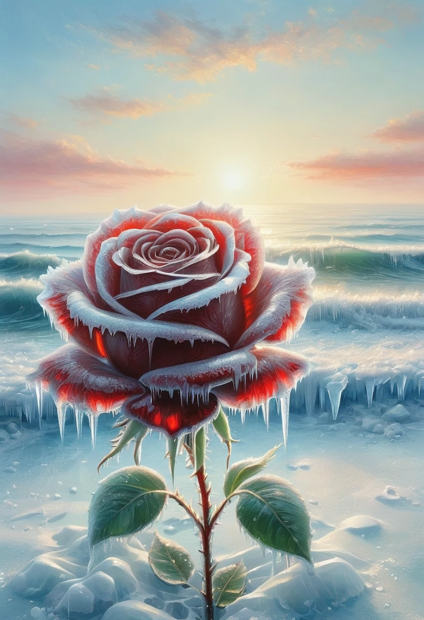 An oil painting，sunrise，Ocean，horizon，peaceful，Red rose in ice，Frozen Rose，Refracted Light