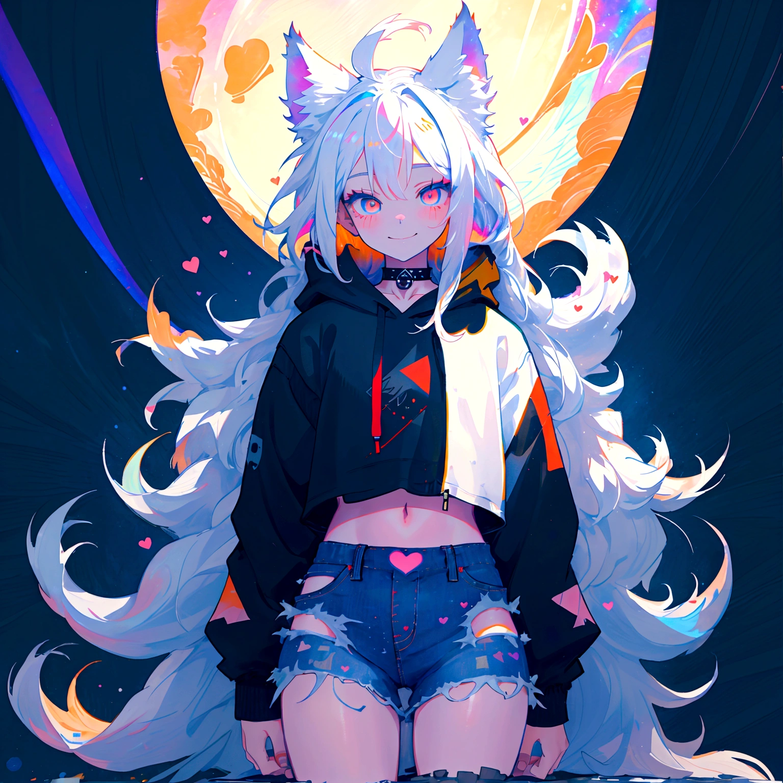 a cute adult male with wolf ears, long white hair, long locks, has a wolf tail, wearing a loose cropped black hoodie, wearing a pair of denim short shorts and fishnet stockings, thick thighs, wide hips, relaxing on mound of fluffy multi colored kawaii plushies, short, very slim, showing slender tummy, heart on hoodie, squishy thighs, has glowing blue eyes. alone, solo (ALONE)(SOLO), surrounded by rainbows, colorful galaxy backround, smiling