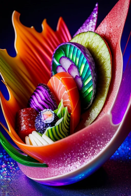 there is a colorful sushi roll with a lot of toppings, sushi, ❤🔥🍄🌪, Hyperrealistic Food Photography, mother of pearl Iridescent, Iridescent glass, Inject Aurora Borealis, Sana Takeda, Kano Tanyou, Iridescent, Abalone, dichroic, Inspired by Makishiro, delicious