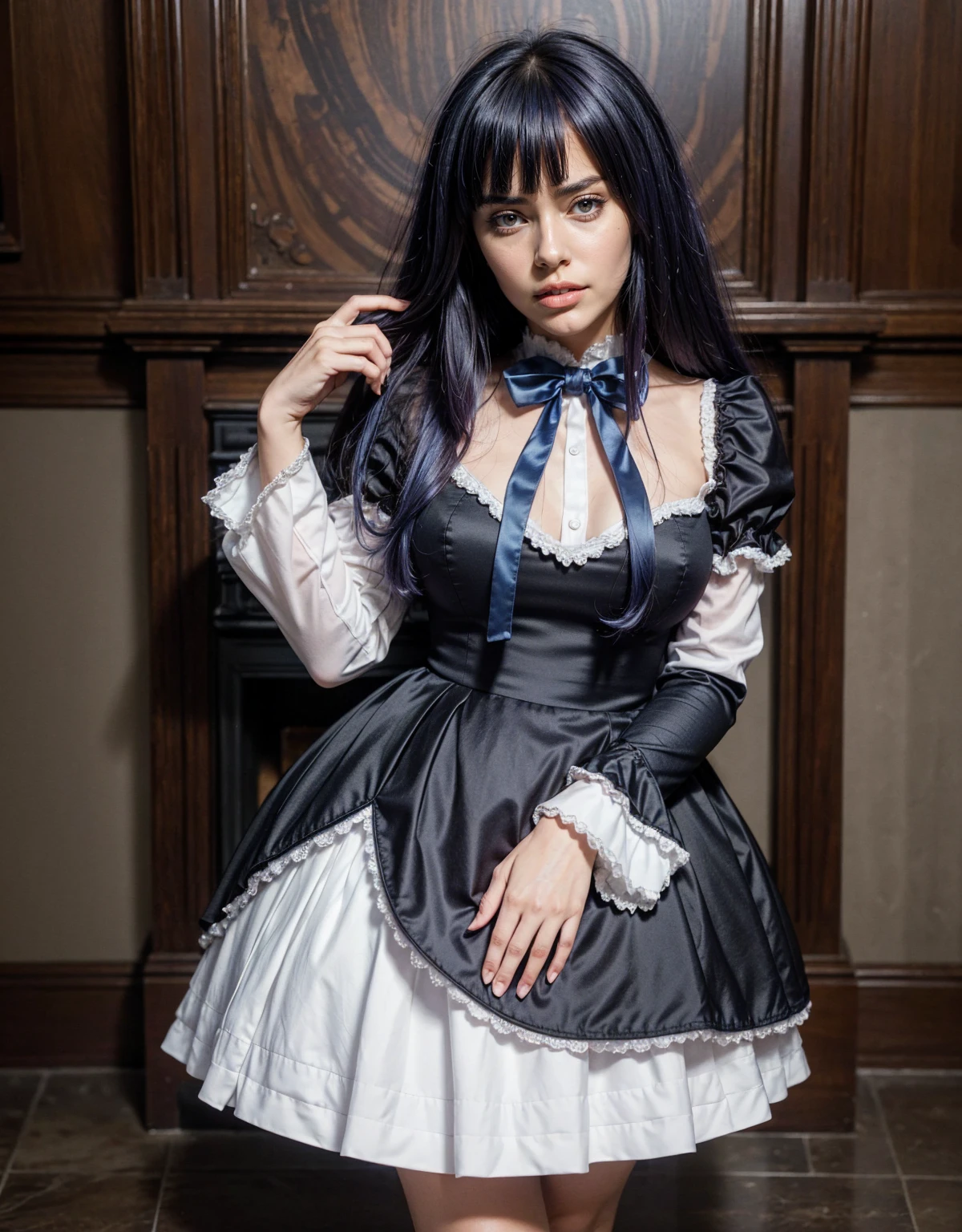 1 chica, full body photography, athletic, strong woman body, slim woman body, bowtie, frills, black dress, puffy sleeves, short over long sleeves, long sleeves, deep-blue hair, long hair, frederica bernkastel, purple hair, dress, bowtie, mary janes, socks, cat tail, tail bow, tail ornament, 
purple eyes, constituir, Volumetric lighting, Mejor calidad, obra maestra, detalles intrincados, mapeo de tonos, sharp focus, hiper detallado, tendencia en artstation, Realista, belleza de talla mundial, joy face, vista frontal, detailed background, centered photo, perfectly drawn hands, closed dress at chest covering neck