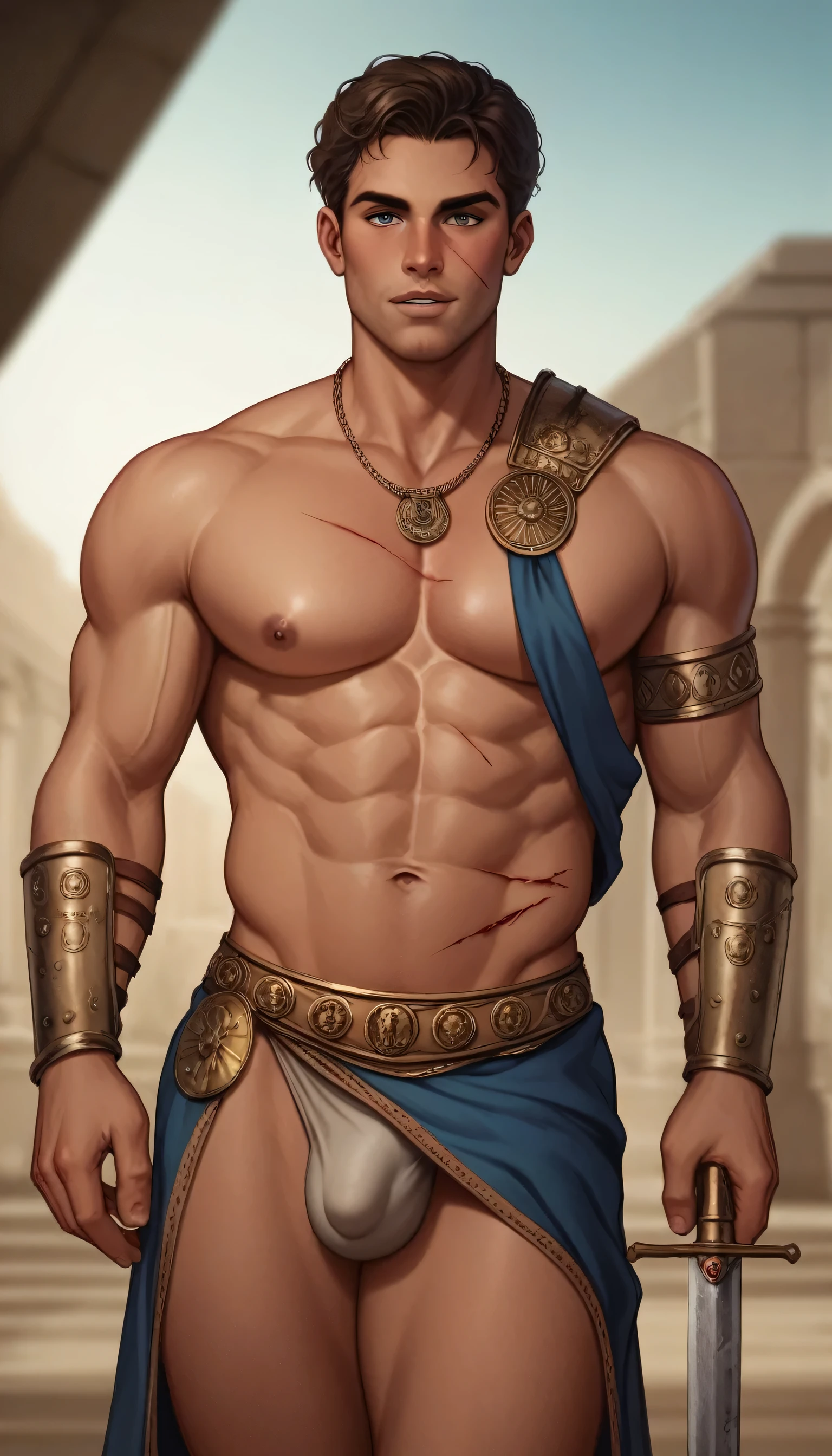 best quality, masterpiece, handsome mature man, bites lip, bronzed tan skin, (bleeding cuts and bruises), wearing ancient roman gladiator armor, bulge, seductive pose, in dark sleeping quarters, sexy, gay, homoerotic, best view, perfect fingers, no watermark, no logo, no signature