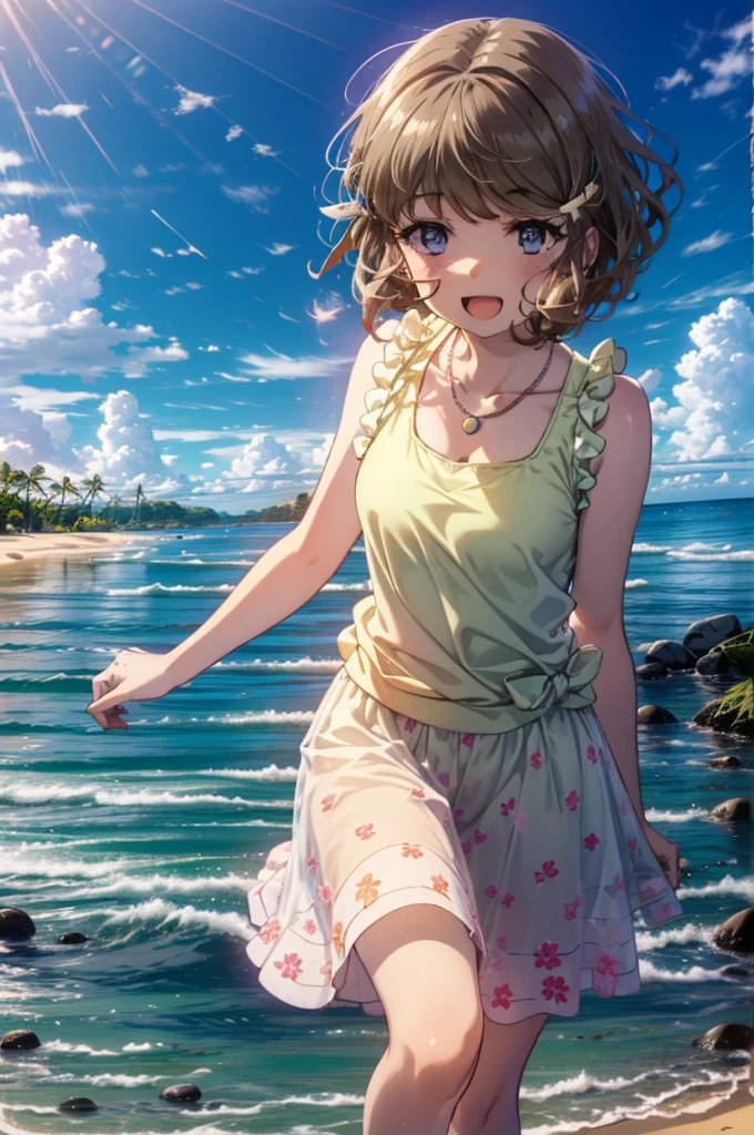 tomoekoga, Chie Koga, Long Hair, Brown Hair, blue eyes, Hair Clip,happy smile, smile, Open your mouth,Yellow tank top shirt,No sleeve,Shell Necklace,Long skirt,barefoot,Walking,True Summer,Daytime,Hair is fluttering in the wind,Sandy Beachで散歩している,whole bodyがイラストに入るように,
break outdoors, Sandy Beach,Beach,
break looking at viewer, whole body,
break (masterpiece:1.2), Highest quality, High resolution, unity 8k wallpaper, (figure:0.8), (Beautiful attention to detail:1.6), Highly detailed face, Perfect lighting, Highly detailed CG, (Perfect hands, Perfect Anatomy),