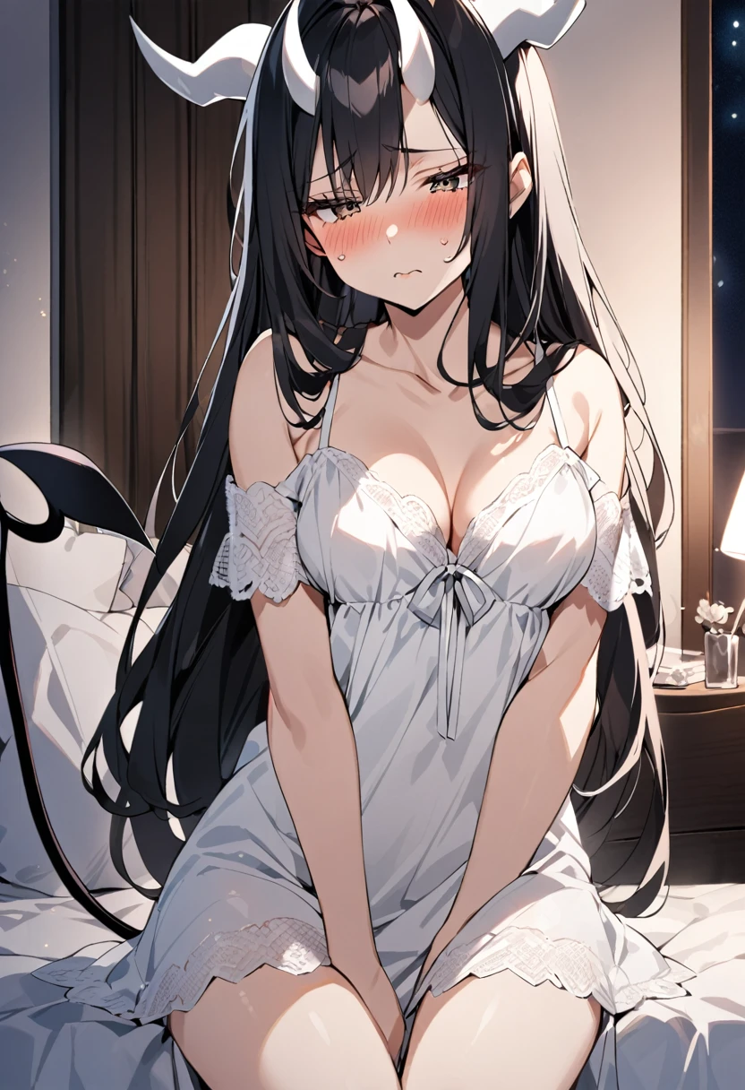 A mature woman with very long black hair with white highlights,white horns, devil tail, Wearing just a white nightgown in a ((bedroom)), blushing,shy, medium breasts, ((night time))