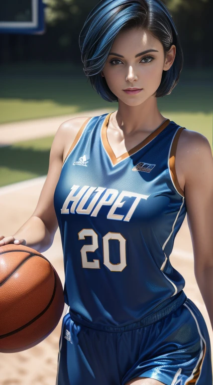 (Masterpiece, best quality, photorealistic, highres, photography, :1.3), close-up shot, sharp focus, (1 girl, girl, hot model), realistic skin, (slim body shape), side swept short ((hair with blue color)), extremely detailed hair, delicate face, shiny lips, ((wearing basketball jersey)), outdoor, ((realistic, super realistic, realism, realistic detail))