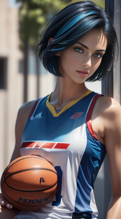(Masterpiece, best quality, photorealistic, highres, photography, :1.3), close-up shot, sharp focus, (1 girl, girl, hot model), realistic skin, (slim body shape), side swept short ((hair with blue color)), extremely detailed hair, delicate face, shiny lips, ((wearing basketball jersey)), outdoor, ((realistic, super realistic, realism, realistic detail))