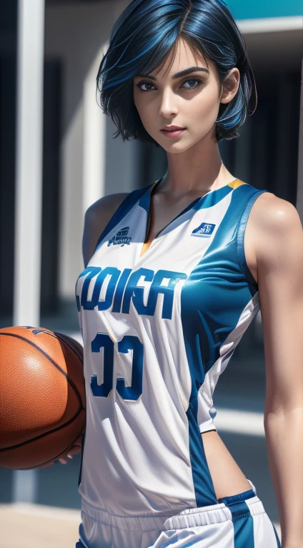 (Masterpiece, best quality, photorealistic, highres, photography, :1.3), close-up shot, sharp focus, (1 girl, girl, hot model), realistic skin, (slim body shape), side swept short ((hair with blue color)), extremely detailed hair, delicate face, shiny lips, ((wearing basketball jersey)), outdoor, ((realistic, super realistic, realism, realistic detail))