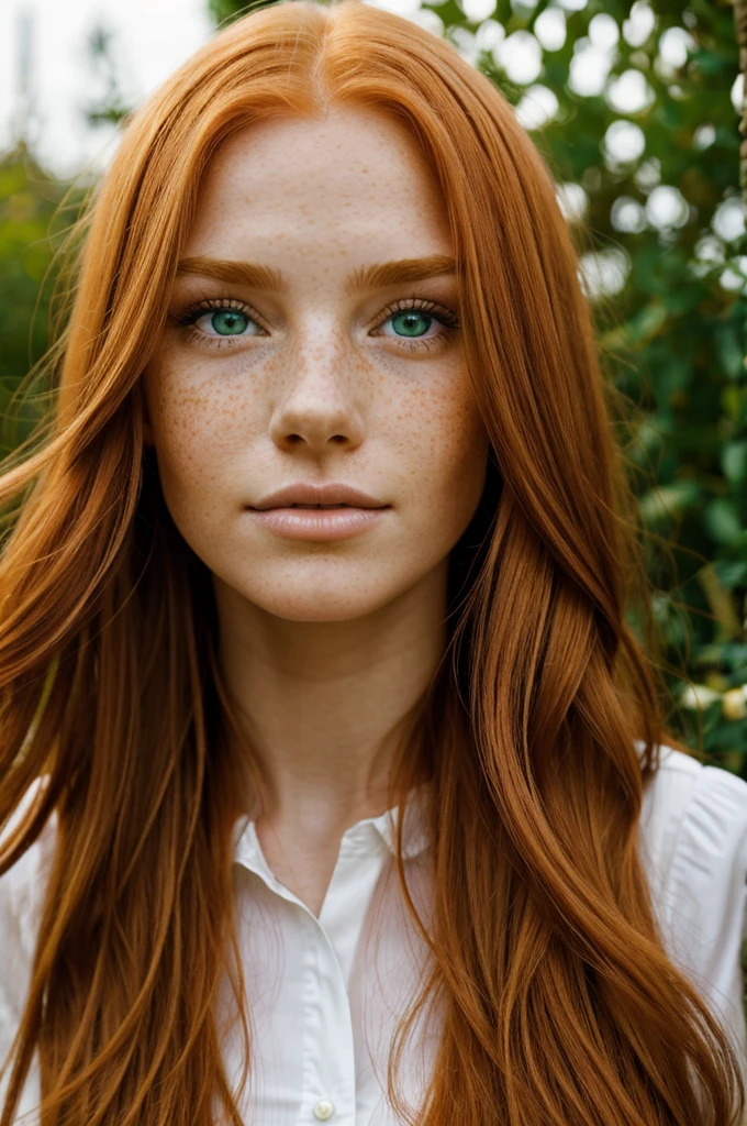 Woman with long reddish blonde hair, emerald eyes, freckles on the face, lips a little thin, slightly curved nose, in a garden.