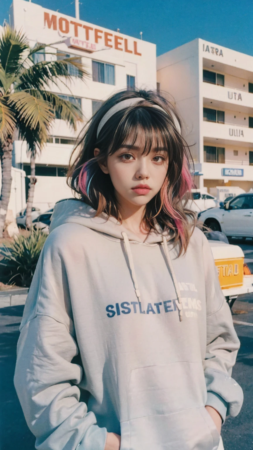8K, 1girl, beautiful, messy hair, (orange oversize hoodie), oversize_shirt, sweatpants,, close up, look at viewer, (((80's architecture colorful motel))) ,palm trees, blue sky, sunny summer, los angles vibes (photorealistic:1.2), (ultra realistic:1.3), (very detailed:1.1), ((masterpiece)),