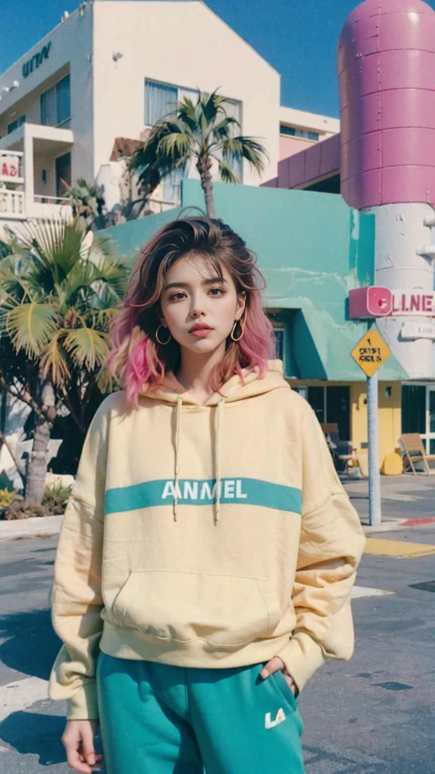 8K, 1girl, beautiful, messy hair, (orange oversize hoodie), oversize_shirt, sweatpants,, close up, look at viewer, (((80's architecture colorful motel))) ,palm trees, blue sky, sunny summer, los angles vibes (photorealistic:1.2), (ultra realistic:1.3), (very detailed:1.1), ((masterpiece)),