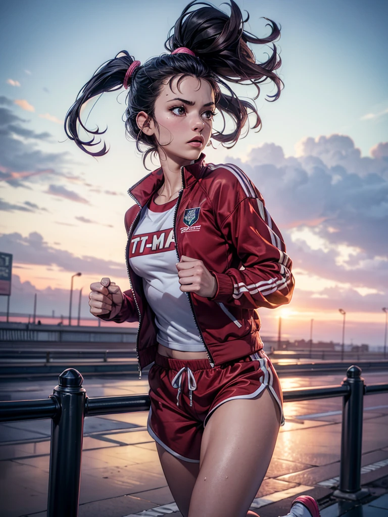 1 girl, solo, running, Gray Track Top, pink shorts, ponytail, athletic build, dynamic brushstrokes, fluid movement, capturing the essence of her athleticism and energy, using light colors and soft tones to create a dreamy and ethereal atmosphere, portraying the motion and grace of running, showing the wind blowing her ponytail and clothes, and the scenery of her surroundings.

outdoors, detailed background, Modern metropolis,, sultry look, seductive

