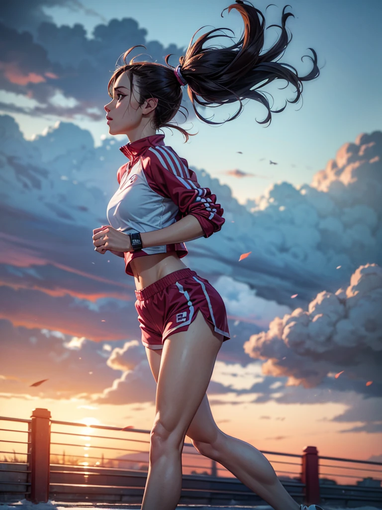 1 girl, solo, running, Gray Track Top, pink shorts, ponytail, athletic build, dynamic brushstrokes, fluid movement, capturing the essence of her athleticism and energy, using light colors and soft tones to create a dreamy and ethereal atmosphere, portraying the motion and grace of running, showing the wind blowing her ponytail and clothes, and the scenery of her surroundings.
outdoors, detailed background, Modern metropolis,, sultry look, seductive