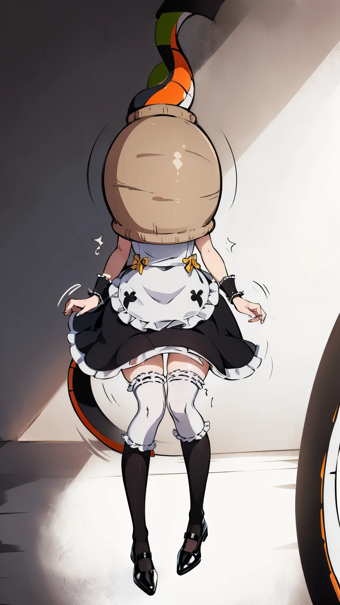 1girl, cute, innocent, sweet, shy, maid, maid outfit with frills, absurdres, high res, ultrasharp, 8K, masterpiece, (cell vore), (tail vore:1.3), struggling