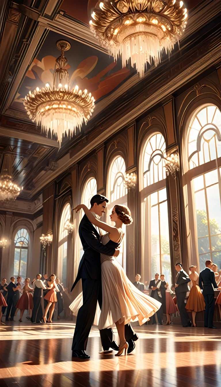 a man and woman dancing tango, art deco ballroom, 1920s, 1 man 1 woman, elegant tango dance pose, ballroom dancers, ornate art deco interior, detailed architectural features, chandelier, (best quality,4k,8k,highres,masterpiece:1.2),ultra-detailed,(realistic,photorealistic,photo-realistic:1.37),cinematic lighting,dramatic shadows,warm color palette,high contrast,golden age of hollywood,dramatic atmosphere