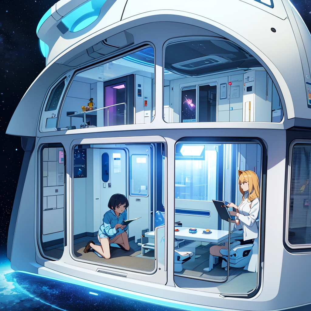 Gentle and loving space age house wife and her friendly pet house cat in Futuristic house