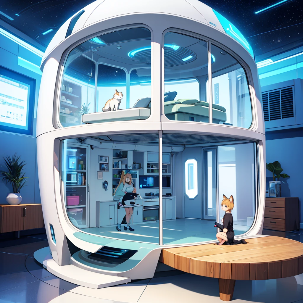 Gentle and loving space age house wife and her friendly pet house cat in Futuristic house