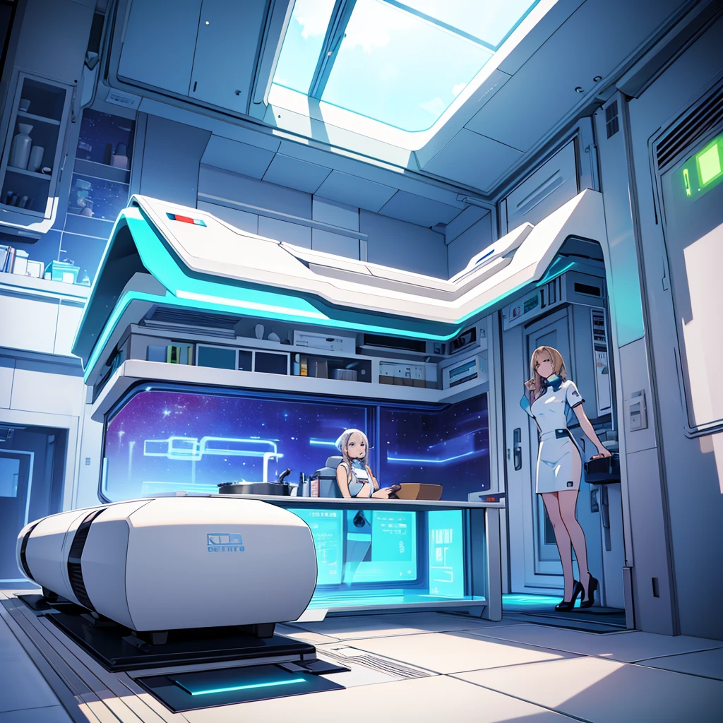 Gentle and loving space age house wife and her friendly pet house cat in Futuristic house