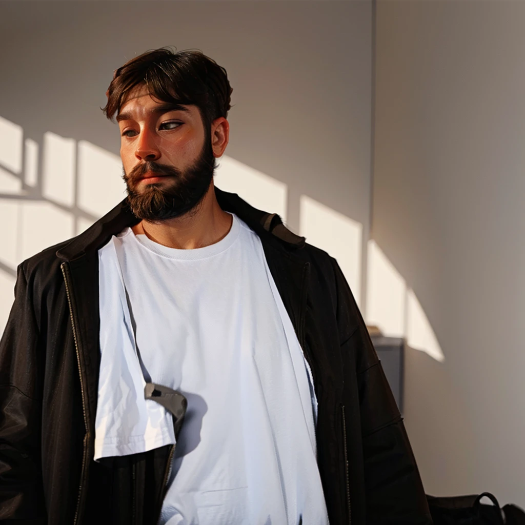 a extremely handsome and smart boy with good hairstyle and medium size beard wearing a cool black jacket and white t-shirt he is adjusting wearing clothes
