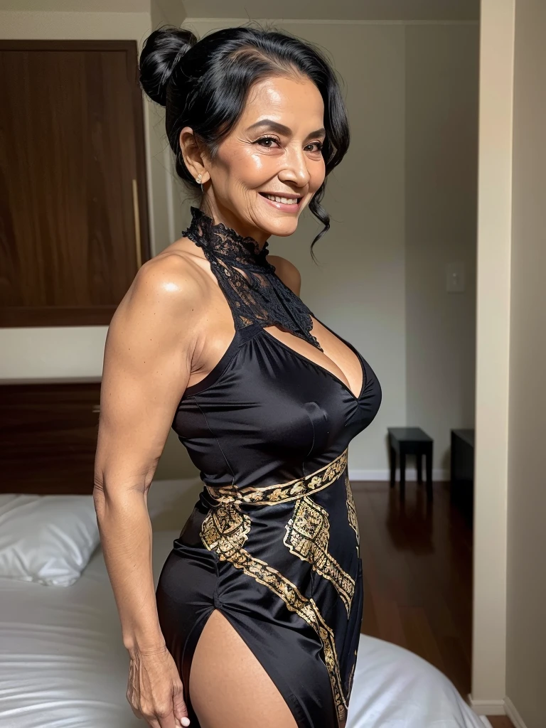 Mature old woman 80 years with black hair, plus size, old face and body with many wrinkles, loose skin, standing at bedroom posing for photo, She wearing black dress with gold pattern and large neckline and lace stockings, ponytail, side view. jaw dropping mature older beauty, old face and body with wrinkles, old face, full visible legs, smiling, attractive grandma, a gorgeous old hair, beautiful old grandma, lovely older mature grandma, gorgeous beautiful grandma over 80 years old, beautiful black hair grandma, beautiful detailed body and face, a beautiful old granny