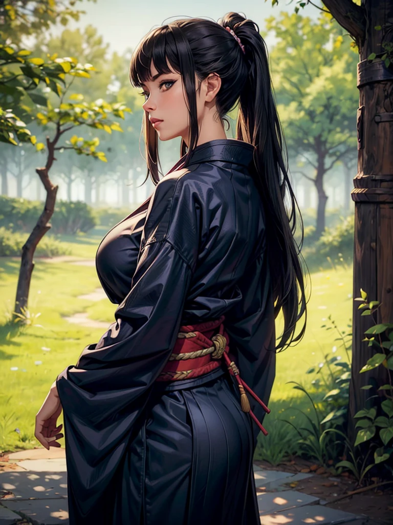 {{{masterpiece}}}, {{{best quality}}}, {{ultra-detailed}}, {cinematic lighting}, {illustration}, {beautifuly detailed eyes}, {1girl}, extremely detailed, 1girl, solo,  A beautiful samurai warrior, black hair in a long ponytail, wearing white and black kimono, warrior, serious, brown eyes, huge breasts, hourglass figure, facing viewer, outdoors, woodland background, highly detailed face and clothing, slightly narrow eyes, perfect face, fair skin, hair bangs, long hair, cowboy shot, noble beautiful, traditional Japanese clothing, samurai woman, side view , huge breasts , sultry look, seductive
