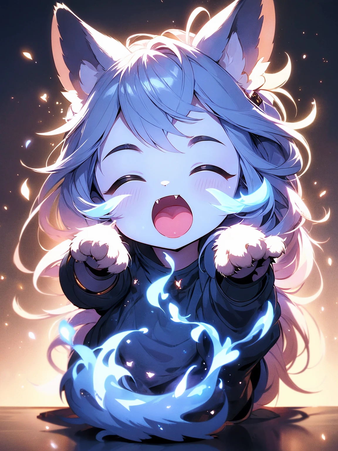 masterpiece, top quality, super detailed, CG illustration, high resolution, better lighting, best shadows, very delicate and beautiful, proper shading, hd, 8k,solo, open mouth, simple background, white background, full body, closed eyes, no humans, animal, fangs, cat, fire, facing viewer, animal focus, blue fire