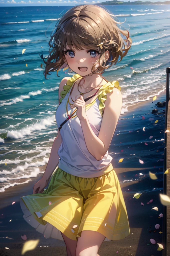 tomoekoga, Chie Koga, Long Hair, Brown Hair, blue eyes, Hair Clip,happy smile, smile, Open your mouth,Yellow tank top shirt,No sleeve,Shell Necklace,Long skirt,barefoot,Walking,True Summer,Daytime,Hair is fluttering in the wind,Sandy Beachで散歩している,whole bodyがイラストに入るように,
break outdoors, Sandy Beach,Beach,
break looking at viewer, whole body,
break (masterpiece:1.2), Highest quality, High resolution, unity 8k wallpaper, (figure:0.8), (Beautiful attention to detail:1.6), Highly detailed face, Perfect lighting, Highly detailed CG, (Perfect hands, Perfect Anatomy),