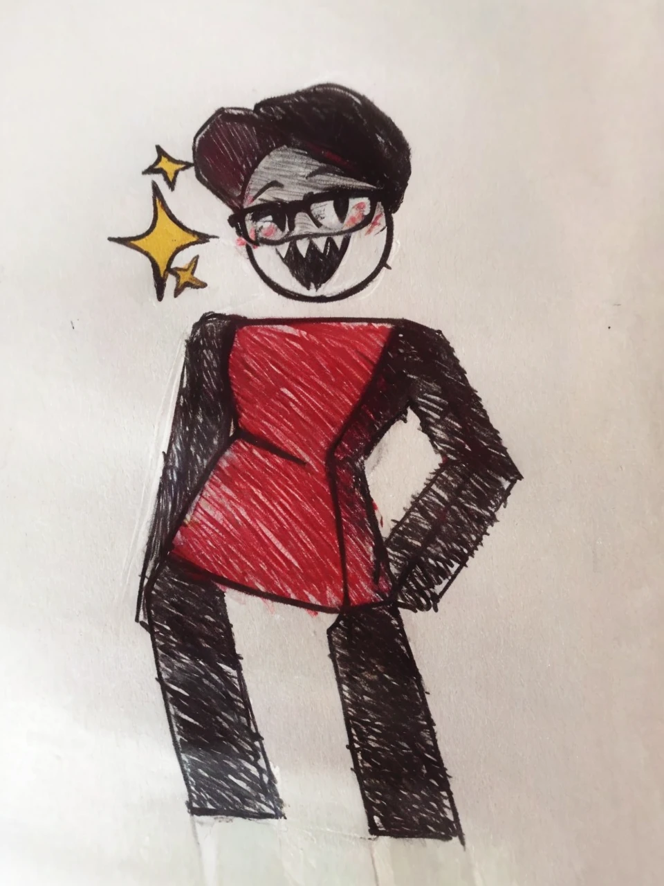 genderless subject with red torso and black limbs, black prescription glasses and a black cap with red. Sharp teeth.
