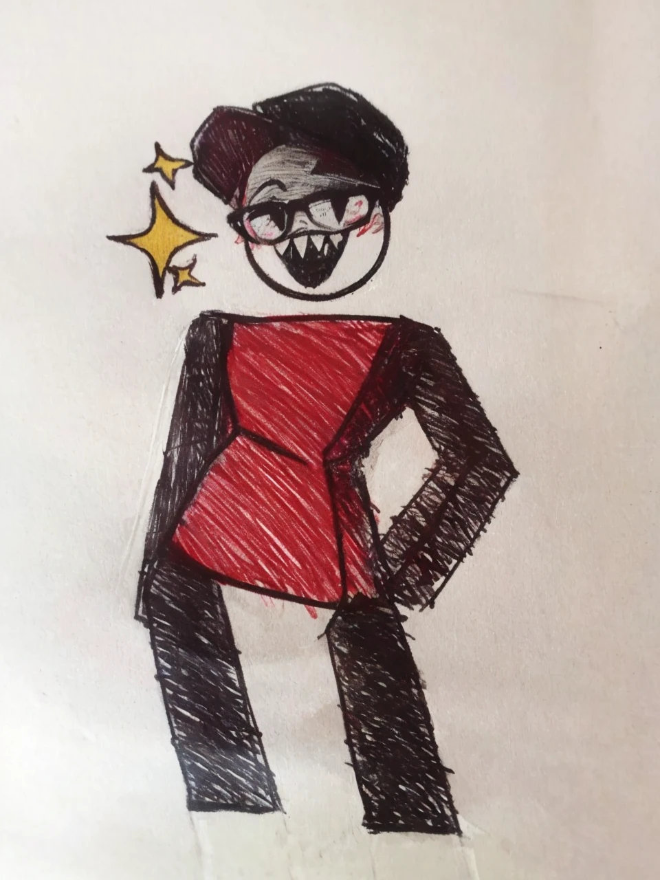  genderless subject with red torso and black limbs, black prescription glasses and a black cap with red. Sharp teeth.