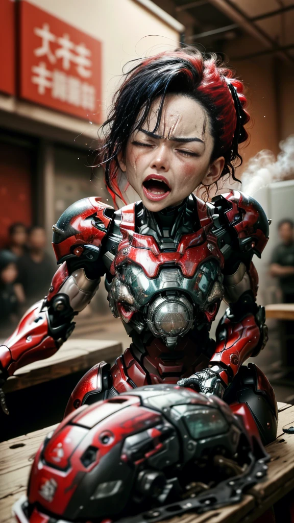 Rough skin, Very detailed, Advanced Details, high quality, 最high quality, High resolution, 1080P 、、Red Armor、Wearing red and black、cute((During a break))(Wearing a damaged female robot suit...)(Red Armor)(Broken Armor)Black Hair、、Soaking wet、Soaked Face　Place the headgear aside　Beautiful Face、Hot look　knock down、よだれing from the mouth、Middle-aged women　(Steam coming out of the face) ((Steam from the body)) Sit on a chair　Filming locations　I can see the vagina　Open the crotch to the front　look up