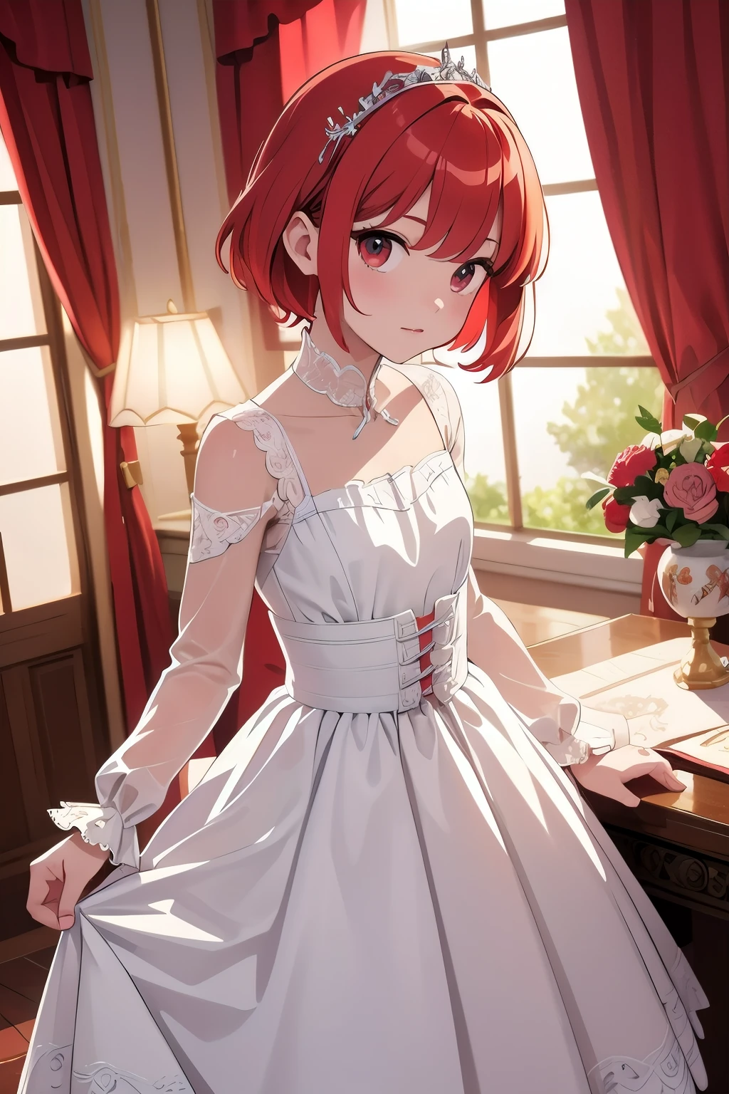 masterpiece、Highest quality、Very detailed、Beautiful lighting、[[Petite]]、Short red hair、White Dress、Noble、palace、[[White Dress:2]]、I'm in good spirits、smile、Blushing、bright personality、[[Sunburned skin]]、Tan Skin