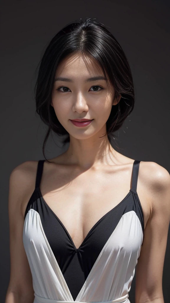 highres, realstick, {51-year-old woman}, Japanese, 163 cm, 57 kg, elegant, attractive, medium-length black hair, styled, intelligent eyes, kind smile, sophisticated, well-groomed, confident posture, dignified appearance, BREAK, age-appropriate swimsuit, one-piece swimsuit, flattering, elegant design, sophisticated, dark color, stylish, comfortable, beach-ready, confident