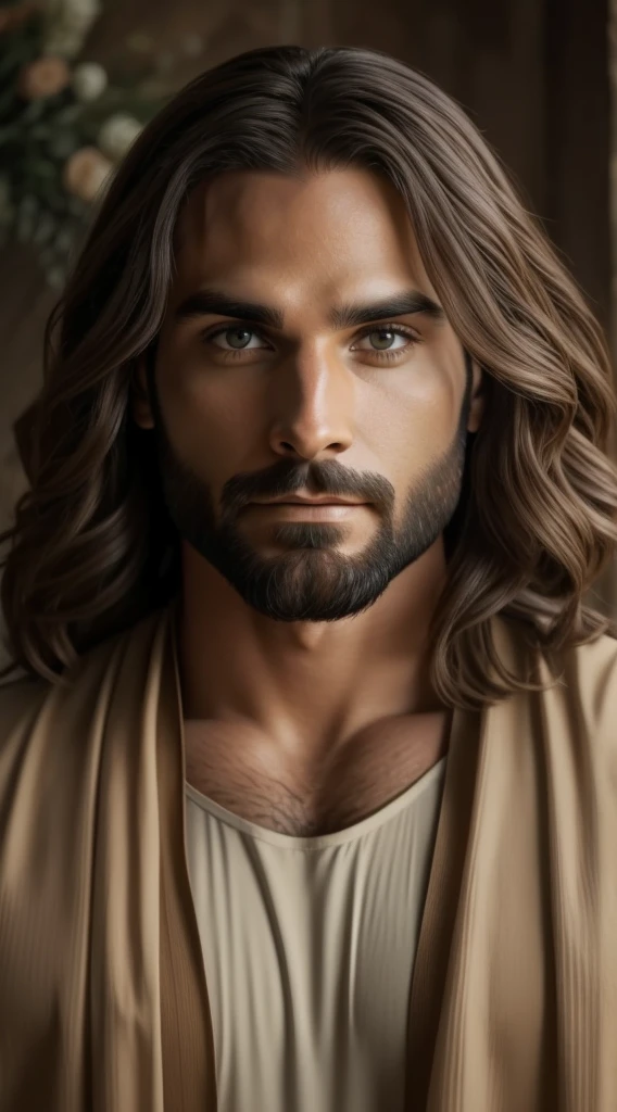 Seth Rollins as Jesus Christ, focus on the details of the face, similar to seth rollins, wearing long beige tunic of Jesus, Jesus style of the Bible, realistic image, background of the heavenly garden image with animals and flowers, best quality, 8k, focus on the details.