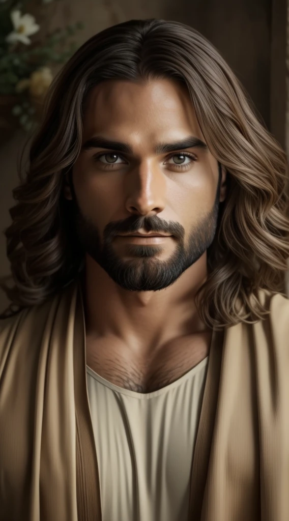 Seth Rollins as Jesus Christ, focus on the details of the face, similar to seth rollins, wearing long beige tunic of Jesus, Jesus style of the Bible, realistic image, background of the heavenly garden image with animals and flowers, best quality, 8k, focus on the details.