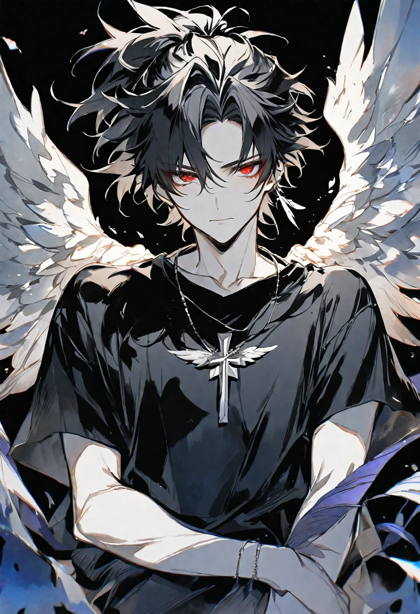 Solo,handsome, monotone,Watercolor,
delicate,4K,
1. male,
black hair and half White hair, ponytail,
red eyes,
angel's feather, The Fallen Angel's Feather,
a black oversized T-shirt,
silver cross necklace,
improvement of face, front,
black background
