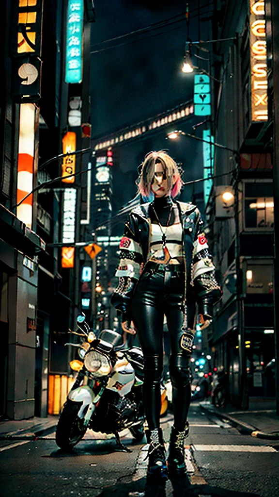 masutepiece, Best quality, Confident cyberpunk girl, Full body shot, ((Stand in front of the motorcycle)), Popular costumes inspired by Harajuku, Bold colors and patterns, Eye-catching accessories, Stylish and innovative hairstyle, Bright makeup, Cyberpunk's dazzling cityscape, skyscrapper, Neon signs, LED lights, Bright and vivid color scheme, anime, illustration, Detailed skin texture, Detailed cloth texture, beautifull detailed face, Intricate details, ultra - detailed.
