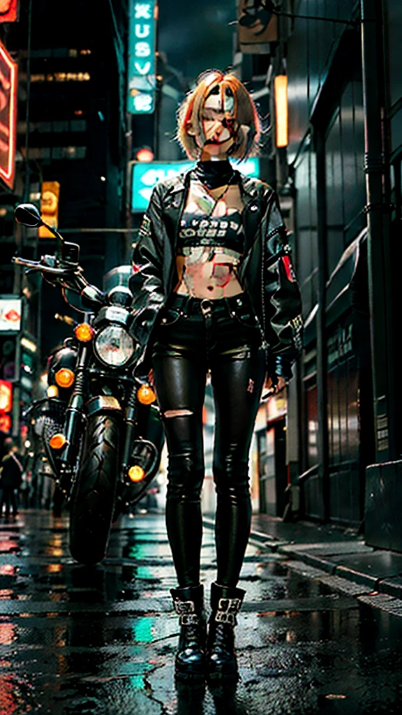 masutepiece, Best quality, Confident cyberpunk girl, Full body shot, ((Stand in front of the motorcycle)), Popular costumes inspired by Harajuku, Bold colors and patterns, Eye-catching accessories, Stylish and innovative hairstyle, Bright makeup, Cyberpunk's dazzling cityscape, skyscrapper, Neon signs, LED lights, Bright and vivid color scheme, anime, illustration, Detailed skin texture, Detailed cloth texture, beautifull detailed face, Intricate details, ultra - detailed.