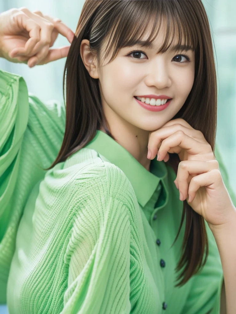 masterpiece, best quality, photorealistic, raw photo, 1girl, medium breast, collared blouse, light smile, detailed skin, pore, simple background