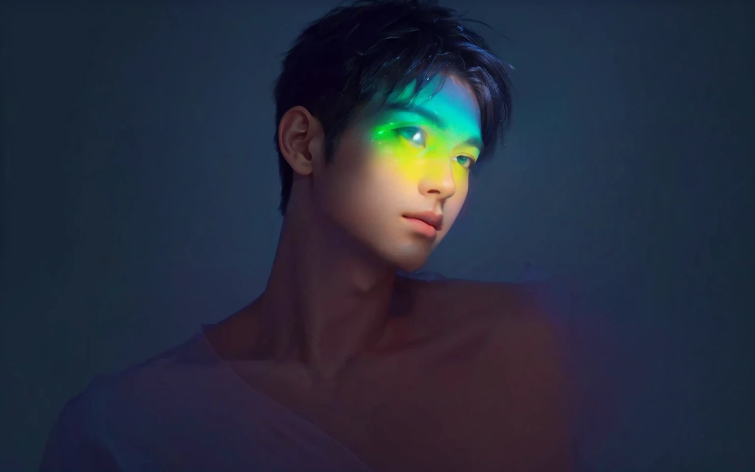 Arav image of a man with rainbow light on his face, Glowing rainbow face, Portrait of an Asian boy, Glowing with color,  He radiates light, Radiant face, Colorful light, glowwave, The face is illuminated, Glossy Digital, Vibrant numbers, Colorful numbers，look up，Profile，((depth of field)),((open and vast place)),telephoto lens,(((close-up))),(chest focus),(((perspective from below))),(simple background),(simple color),((blurry)),(horizon),
 1boy,cool guy,peaceful,((floating short hair)),((((bangs)))),(((soft clean hair))),(((silky skin))) ,((smooth skin)) ,clean body,(clean face),((smooth face)),(natural pretty face),((adam's apple)),((looking up)),((solo)),(teenage),(wind),(chin up),(hopeful),
skin tight open shirt,((see-through)),muscular,((huge chest)),