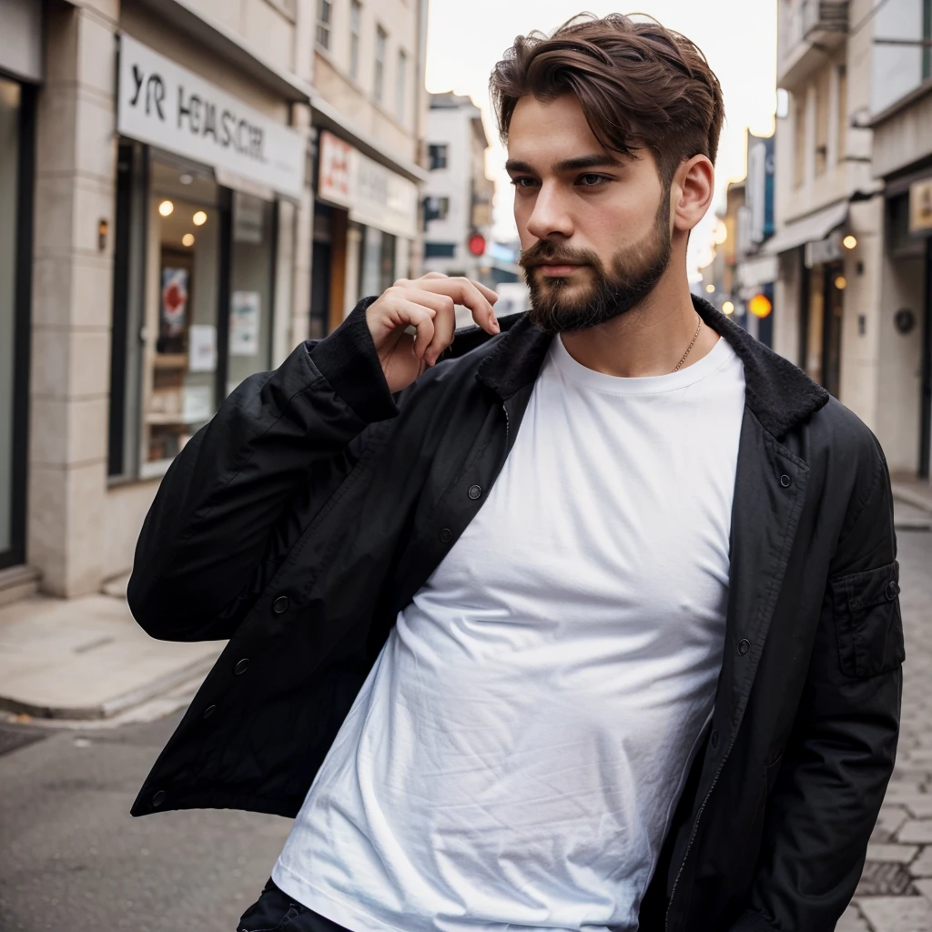 a extremely handsome and smart boy , good hairstyle, medium size beard, wearing a cool black jacket, white t-shirt, he is adjusting wearing clothes